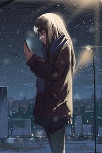 Preview wallpaper girl, phone, snow, winter, anime