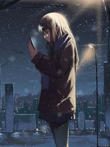 Preview wallpaper girl, phone, snow, winter, anime