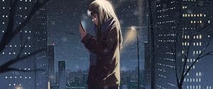 Preview wallpaper girl, phone, snow, winter, anime