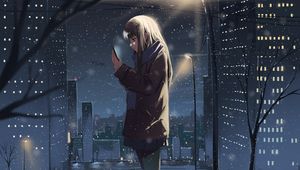 Preview wallpaper girl, phone, snow, winter, anime