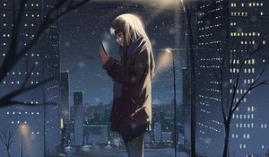 Preview wallpaper girl, phone, snow, winter, anime