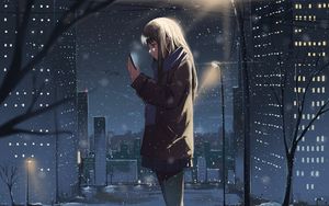 Preview wallpaper girl, phone, snow, winter, anime