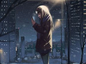 Preview wallpaper girl, phone, snow, winter, anime