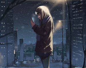 Preview wallpaper girl, phone, snow, winter, anime