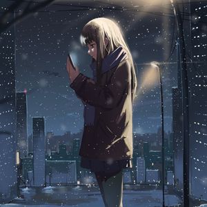 Preview wallpaper girl, phone, snow, winter, anime