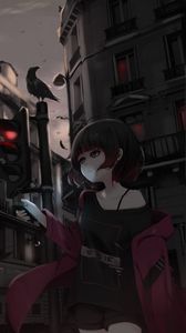 Preview wallpaper girl, phone, street, style, gloomy, anime