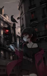 Preview wallpaper girl, phone, street, style, gloomy, anime