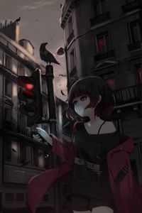 Preview wallpaper girl, phone, street, style, gloomy, anime