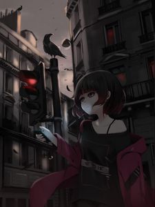 Preview wallpaper girl, phone, street, style, gloomy, anime