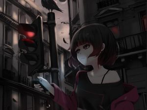 Preview wallpaper girl, phone, street, style, gloomy, anime