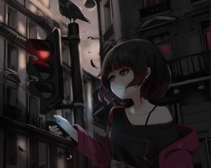 Preview wallpaper girl, phone, street, style, gloomy, anime