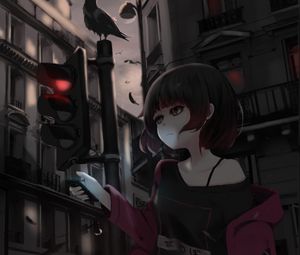 Preview wallpaper girl, phone, street, style, gloomy, anime