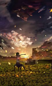 Preview wallpaper girl, piano, field, flowers, anime, art