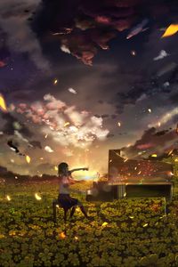 Preview wallpaper girl, piano, field, flowers, anime, art