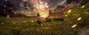 Preview wallpaper girl, piano, field, flowers, anime, art