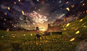 Preview wallpaper girl, piano, field, flowers, anime, art