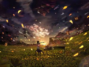 Preview wallpaper girl, piano, field, flowers, anime, art