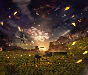 Preview wallpaper girl, piano, field, flowers, anime, art