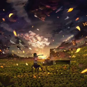Preview wallpaper girl, piano, field, flowers, anime, art