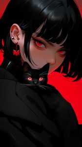 Preview wallpaper girl, piercing, cat, black, art, anime