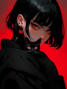 Preview wallpaper girl, piercing, cat, black, art, anime