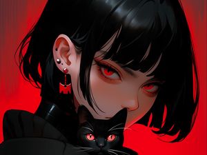 Preview wallpaper girl, piercing, cat, black, art, anime