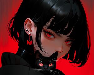 Preview wallpaper girl, piercing, cat, black, art, anime