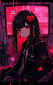 Preview wallpaper girl, piercing, flowers, hairpin, screen, anime