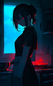 Preview wallpaper girl, piercing, kitchen, anime, dark, art