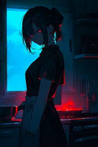 Preview wallpaper girl, piercing, kitchen, anime, dark, art