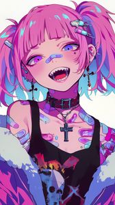 Preview wallpaper girl, piercing, tattoo, smile, fangs, art, anime