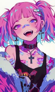 Preview wallpaper girl, piercing, tattoo, smile, fangs, art, anime