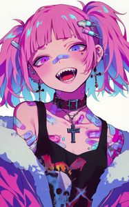 Preview wallpaper girl, piercing, tattoo, smile, fangs, art, anime