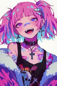 Preview wallpaper girl, piercing, tattoo, smile, fangs, art, anime