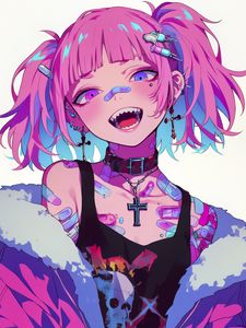 Preview wallpaper girl, piercing, tattoo, smile, fangs, art, anime