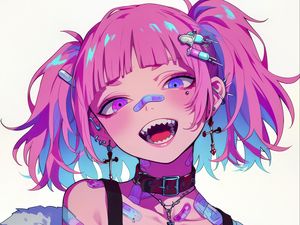 Preview wallpaper girl, piercing, tattoo, smile, fangs, art, anime