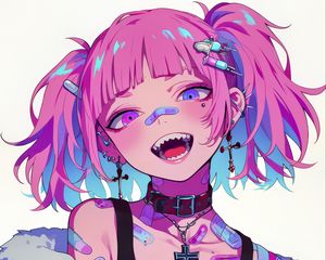 Preview wallpaper girl, piercing, tattoo, smile, fangs, art, anime