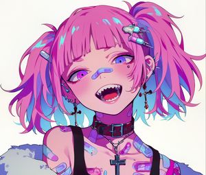 Preview wallpaper girl, piercing, tattoo, smile, fangs, art, anime