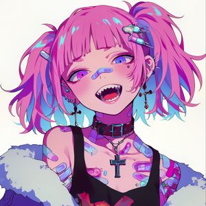 Preview wallpaper girl, piercing, tattoo, smile, fangs, art, anime