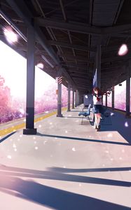 Preview wallpaper girl, platform, sakura, petals, anime, art