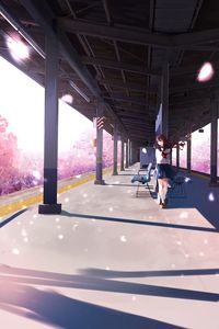 Preview wallpaper girl, platform, sakura, petals, anime, art