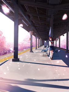 Preview wallpaper girl, platform, sakura, petals, anime, art