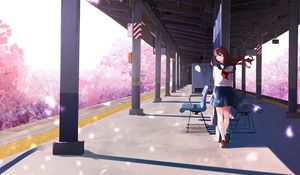 Preview wallpaper girl, platform, sakura, petals, anime, art