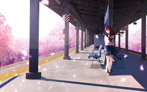 Preview wallpaper girl, platform, sakura, petals, anime, art