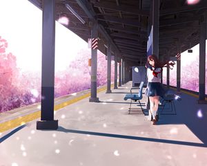 Preview wallpaper girl, platform, sakura, petals, anime, art