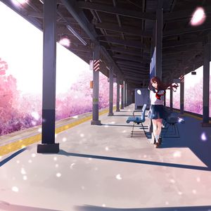 Preview wallpaper girl, platform, sakura, petals, anime, art