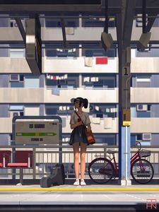 Preview wallpaper girl, platform, station, art