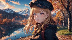 Preview wallpaper girl, pond, autumn, anime