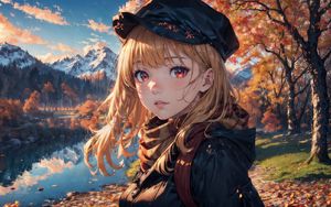 Preview wallpaper girl, pond, autumn, anime