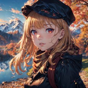 Preview wallpaper girl, pond, autumn, anime